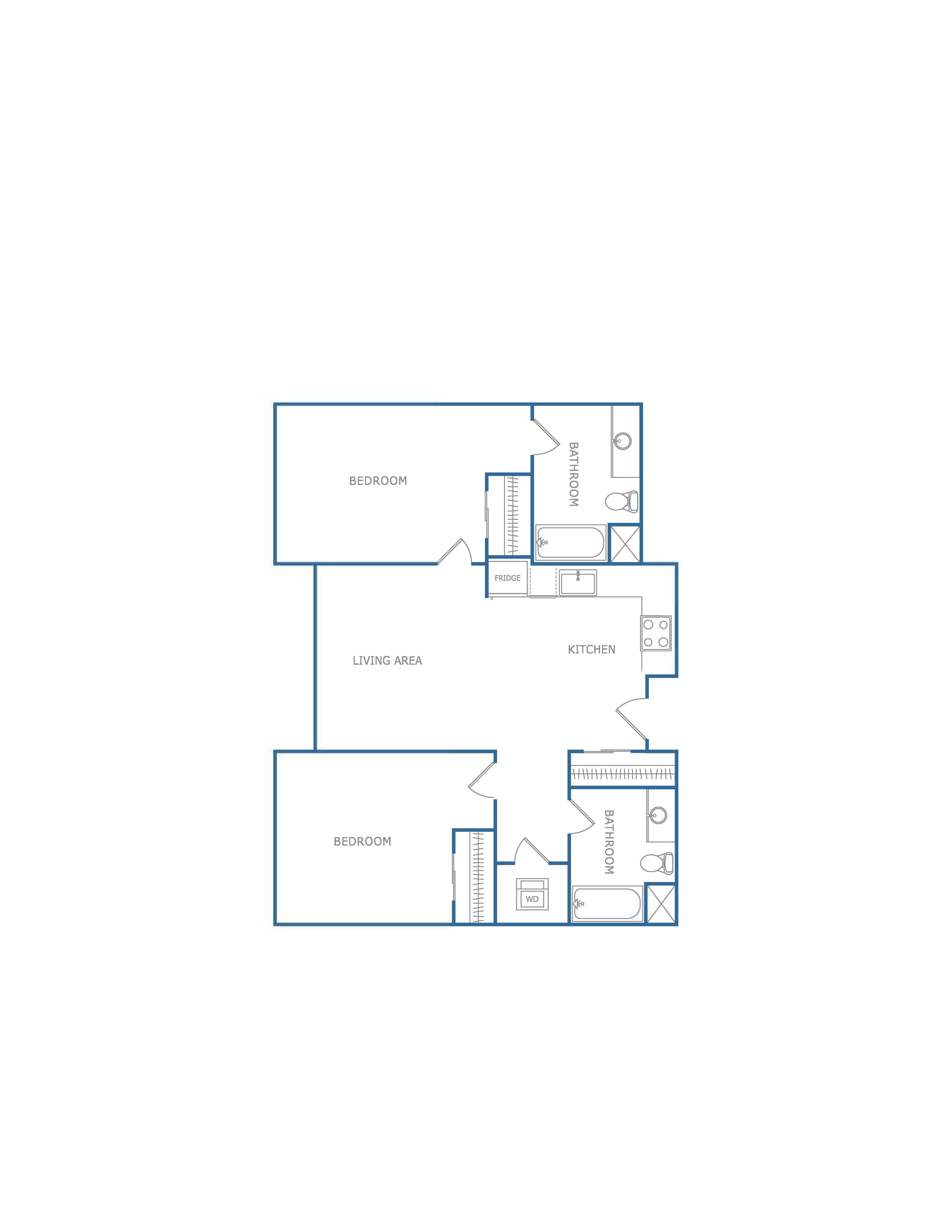 Floor plan for 2 beds, 2 baths, 975 sqft